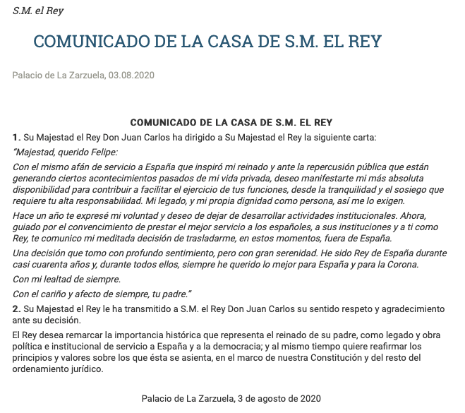 Communication from Royal household in Madrid (3 August 2020).