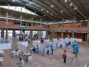 The 'Palau de Fires' exhibition hall in Girona (Catalonia) ready for administering vaccination jabs on 19 April 2021.