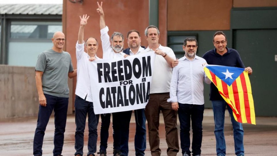 The seven male Catalan leaders leaving prison on 23 June 2021.