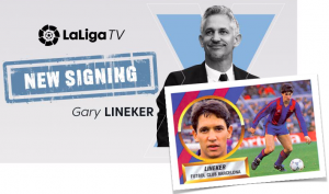 Screenshots from La Liga TV's announcement of 'new signing of Gary Lineker'.