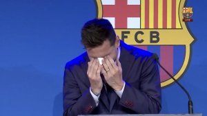 Tearful Lionel Messi during his media appearance on 8 August 2021.