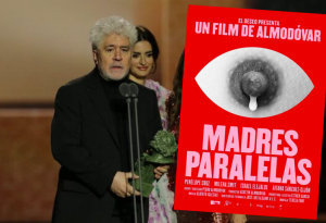 Almodovar winning a Goya for Best Director in 2020, plus his latest film poster.