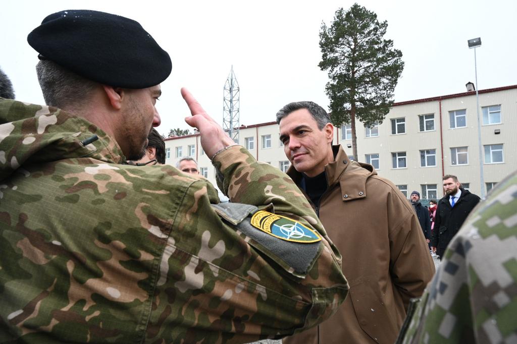 Spanish PM Pedro Sánchez at the military base in Adazi, Latvia. (Pool Moncloa / Borja Puig de la Bellacasa)