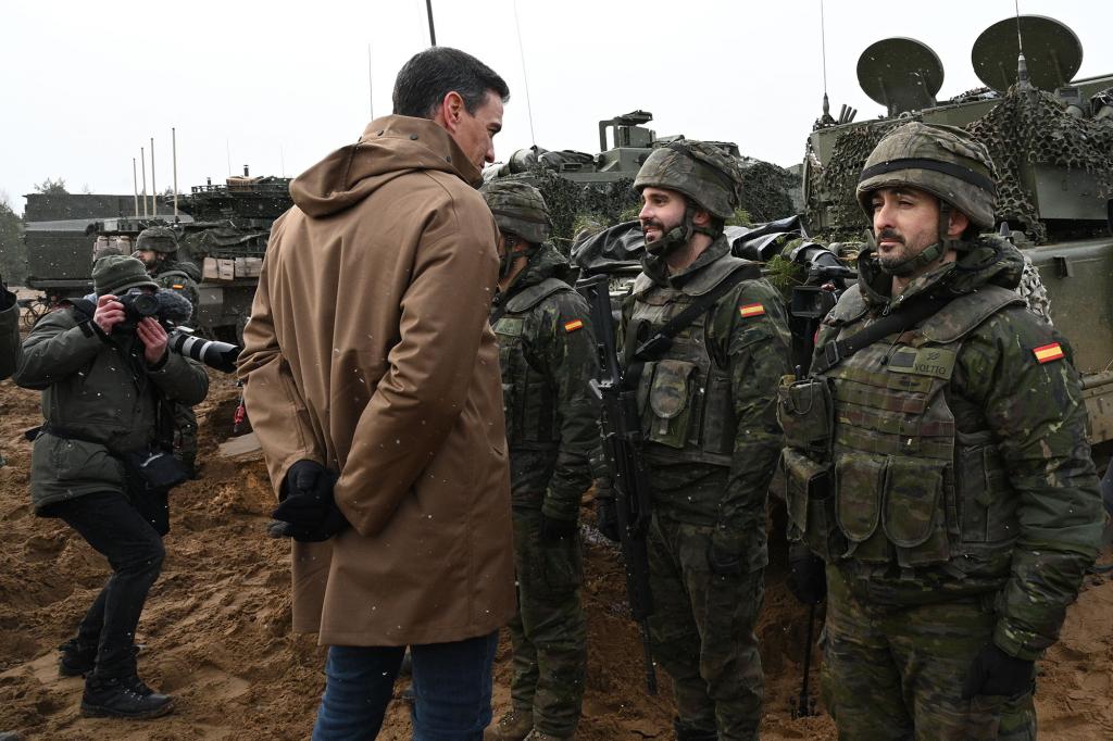 Spanish PM Pedro Sánchez at the military base in Adazi, Latvia.