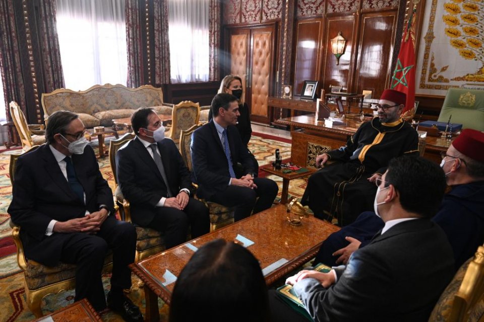 Spanish PM Pedro Sánchez and his Foreign Minister José Manuel Albares meeting with Morocco’s King Mohammed VI