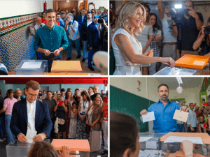 Pedro Sánchez, top left, Alberto Núñez Feijóo, bottom left, Yolanda Díaz and Santiago Abascal, all casting their votes on 23 July 2023.